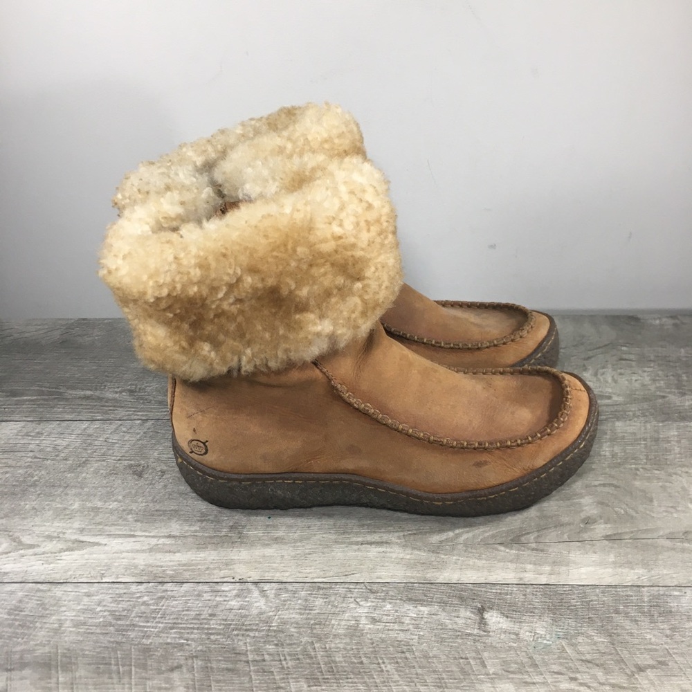 Born Leather & Shearling Cuff Sherpa Side Zip Womens Ankle Brown Boots Size 8